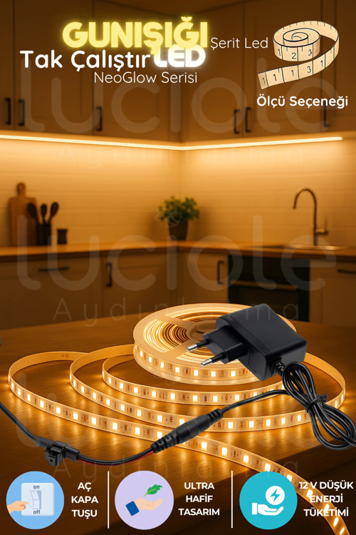1 Metre NeoGlow Serisi LED Şerit Işık – 3200K Günışığı Tonlu 60 Çipli 12V Tak Çalıştır Band