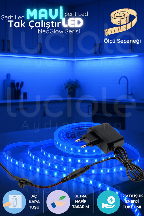 1 Metre NeoGlow LED Işık Bandı – 12V Tak Çalıştır Mavi Renk 60 Çipli LED Şerit Aydınlatma Seti