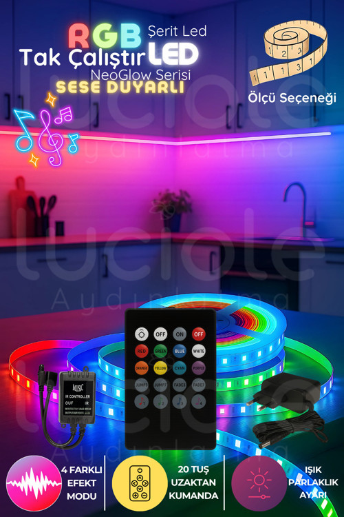 1 Metre NeoGlow Serisi RGB LED Şerit – 20 Tuşlu Ses Kontrollü Tak Çalıştır Işık Bandı 60 Çipli