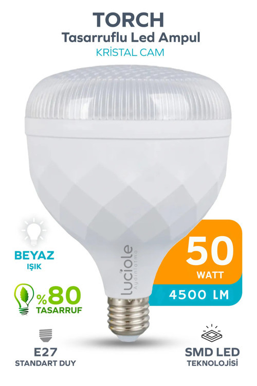Kristal Torch 50w Yüksek Güçlü SMD LED Ampul - Beyaz Işık - E27 Duy - Enerji Tasarruflu