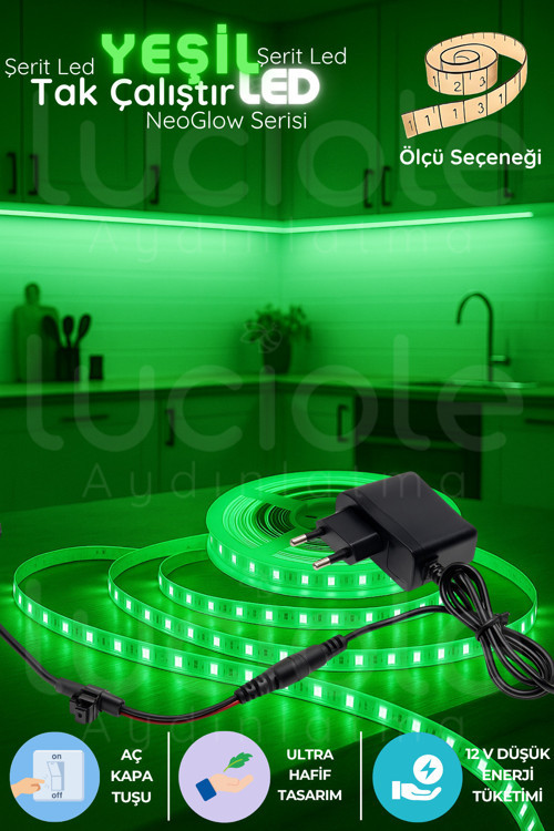 3 Metre NeoGlow LED Şerit Işık – 12V Tak Çalıştır 60 Çipli Yeşil Işık Bandı Fişli LED Seti