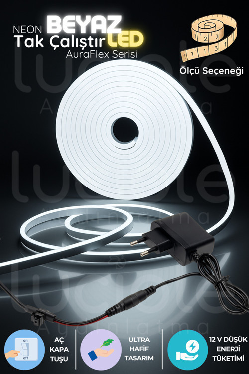 3 Metre Beyaz Neon LED Şerit | AuraFlex Serisi | 6500K Tak Çalıştır Anahtarlı Işık