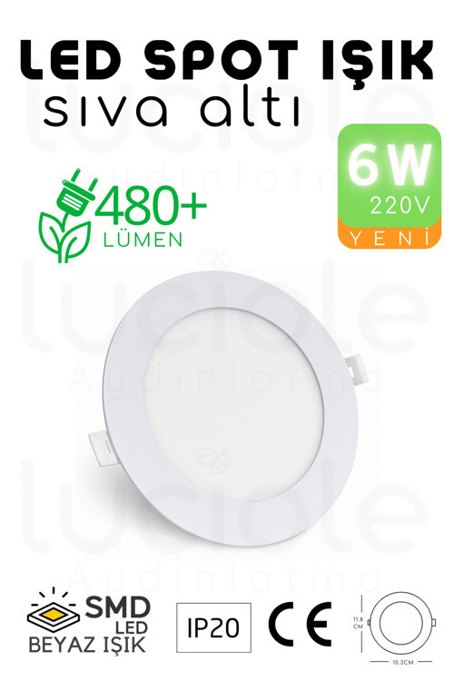 6W Slim LED Spot – Beyaz Işık, 490 Lümen, Beyaz Kasa, 11.8 cm, 220V, 15000 Saat Ömür