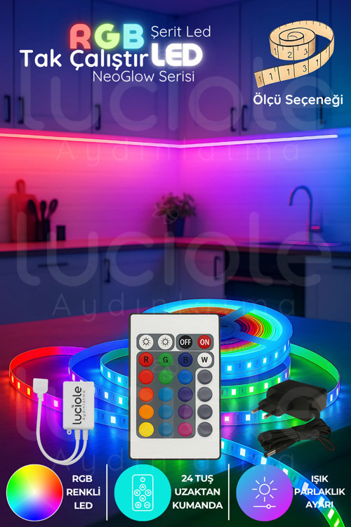 5 Metre NeoGlow Serisi RGB LED Işık Bandı – 24 Tuş Kumandalı 60 Çipli Tak Çalıştır Set