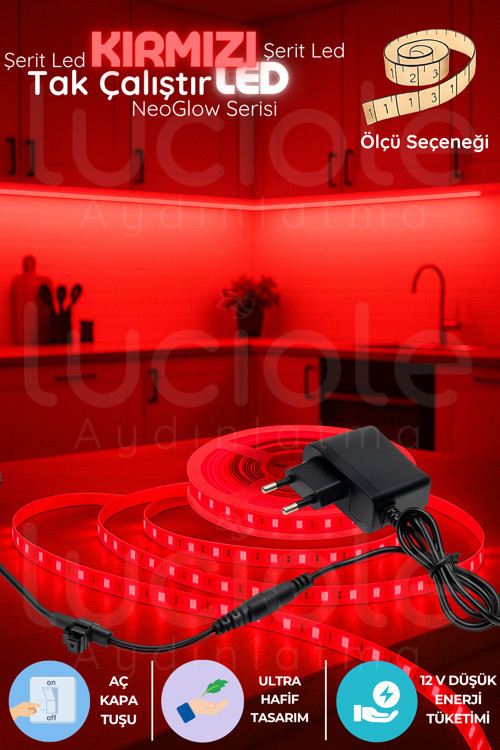 1 Metre NeoGlow Serisi LED Işık Bandı – Kırmızı Renkli 60 Çipli 12V Tak Çalıştır Prizli Şerit LED