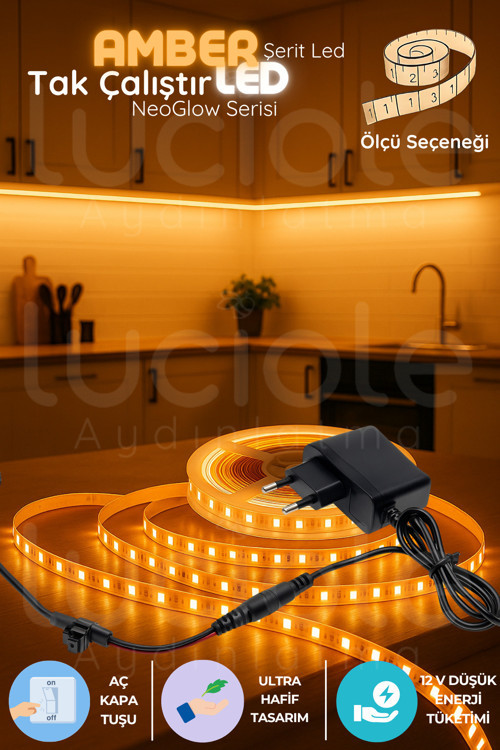 3 Metre NeoGlow Serisi LED Işık Şeridi – Amber Tonlu 60 Çipli 12V Tak Çalıştır Aydınlatma Bandı
