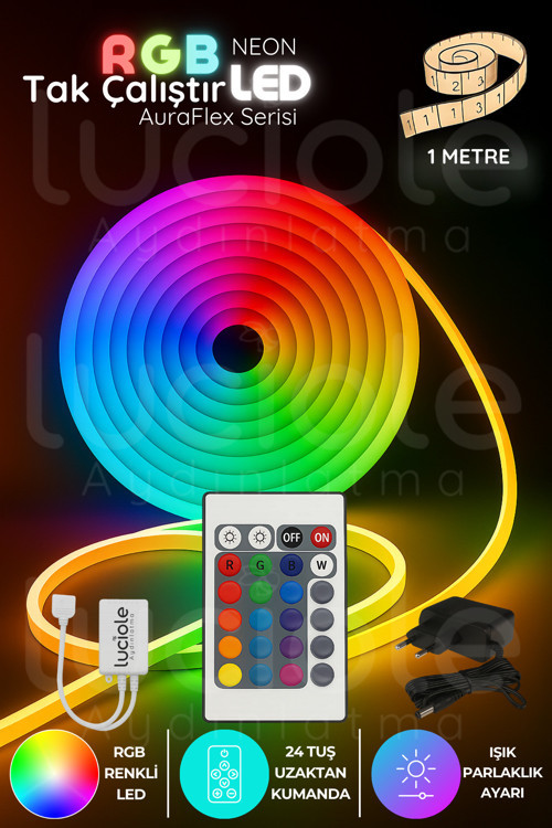 1 Metre RGB Neon Şerit Işık | AuraFlex Serisi | Esnek Yapılı Kumandalı Tak-Çalıştır LED Aydınlatma