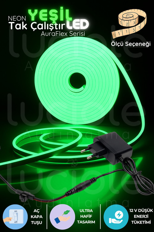 1 Metre Yeşil Neon LED Işık Şerit | AuraFlex | Aç-Kapa Anahtarlı Tak Çalıştır Aydınlatma