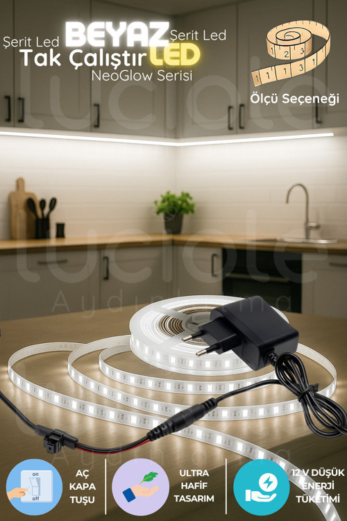 1 Metre NeoGlow LED Işık Şeridi – 12V Tak Çalıştır Fişli 60 Çipli Beyaz Aydınlatma Bandı Seti