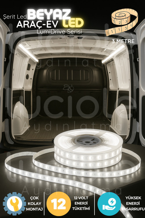 LumiDrive 3m Beyaz 12V Araç LED Şerit – 180 Çipli, Montaj Hazır, Kesilebilir, Çıplak Kablolu