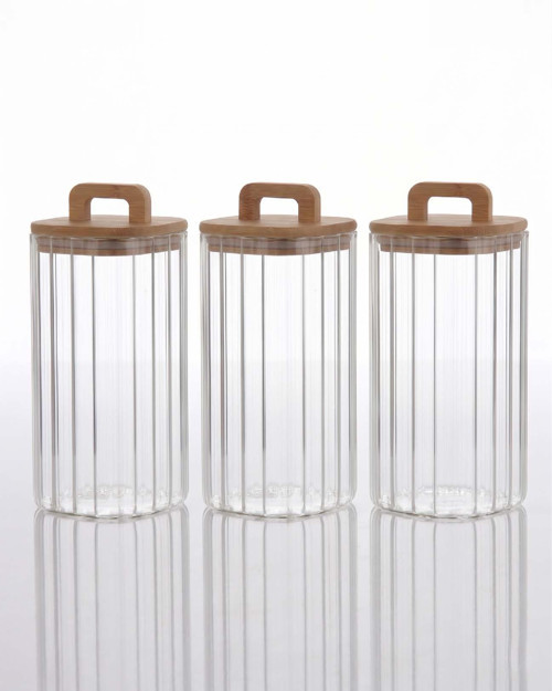 Bambu Kapaklı Borosilikat Cam Kavanoz Takımı - 3 Parça (1100 ml)