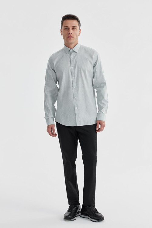 Gri Comfort Fit %100 Pamuk Piti Kare Gömlek