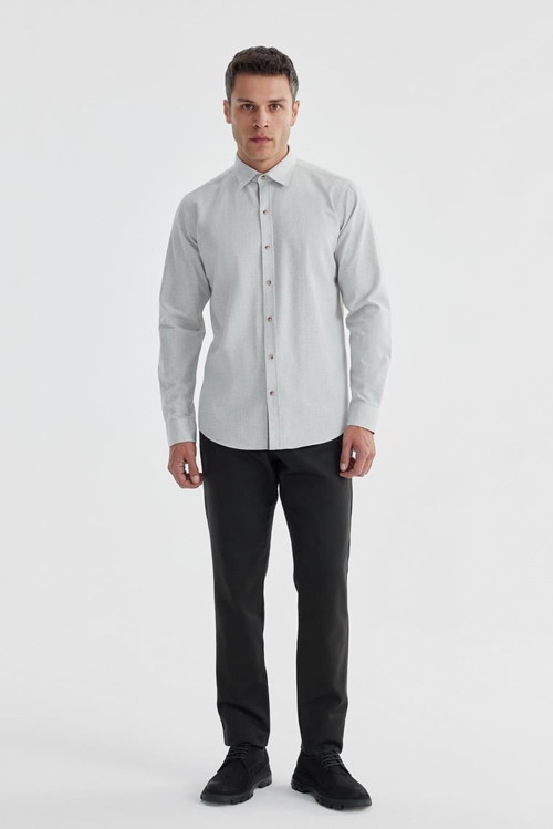 Gri Comfort Fit Gizli Düğmeli Yaka Gömlek