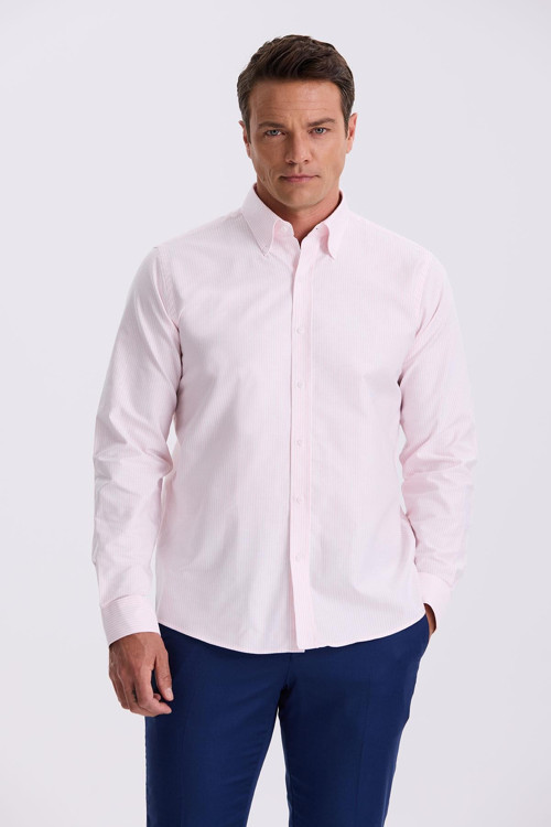 Pembe %100 Pamuk Düğmeli Yaka Comfort Fit Gömlek