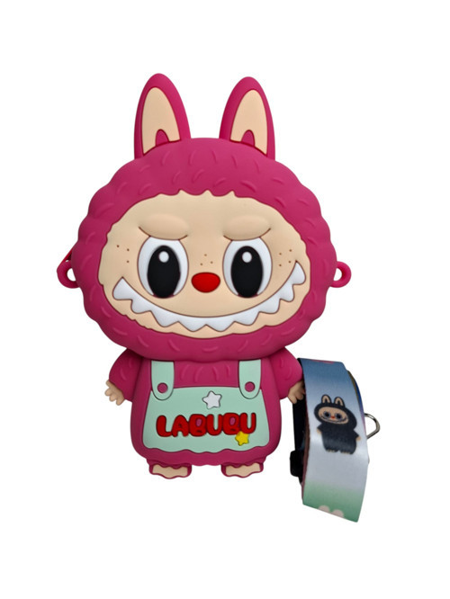 Kız Çocuk Koyu Pembe Renk Labubu Model Yazı Detaylı Silikon Mini Askılı Çanta Cüzdan