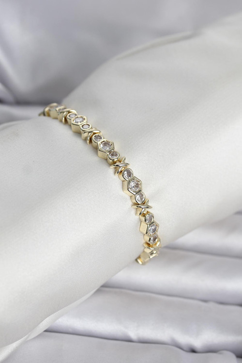 Pirinç Gold Renk Petek Model Zirkon Taşlı Kadın Bileklik - EBJ260418W41905