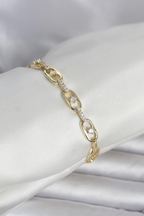 Pirinç Gold Renk Zirkon Taşlı Kadın Bileklik - EBJ260418W41885