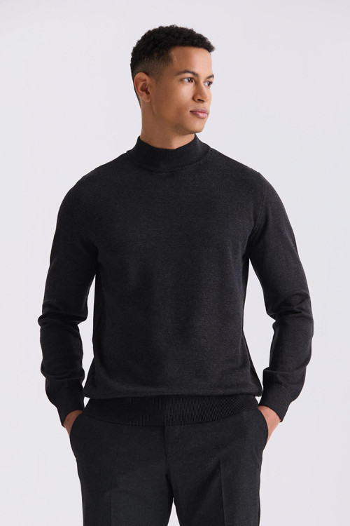 Antrasit Slim Fit Yarım Balıkçı Yaka Triko Kazak