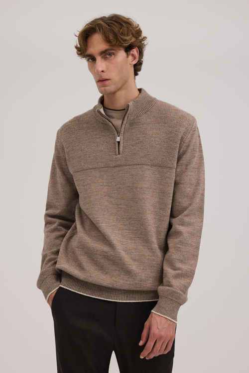 Kahve Slim Fit Fermuarlı Triko Kazak