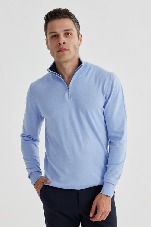 Mavi Slim Fit Fermuarlı Dik Yaka Triko Kazak