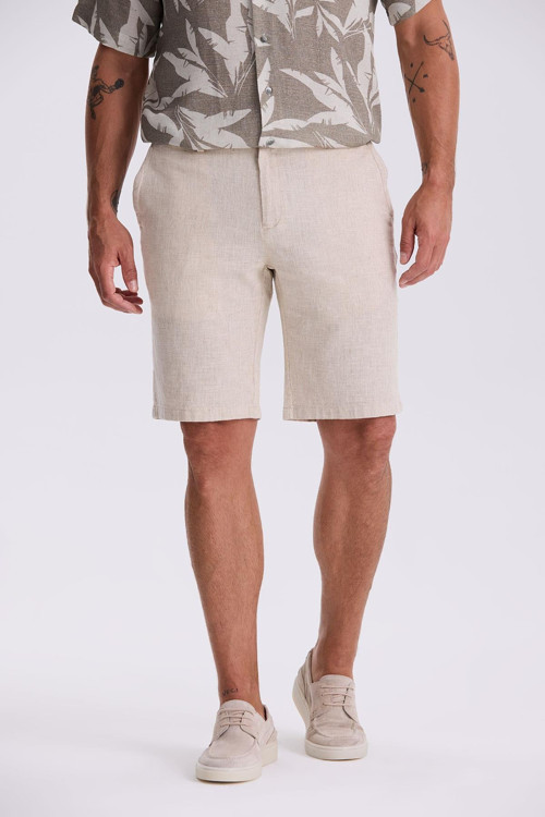 Bej Comfort Fit Pamuklu Rahat Kesim Keten Dokulu Şort