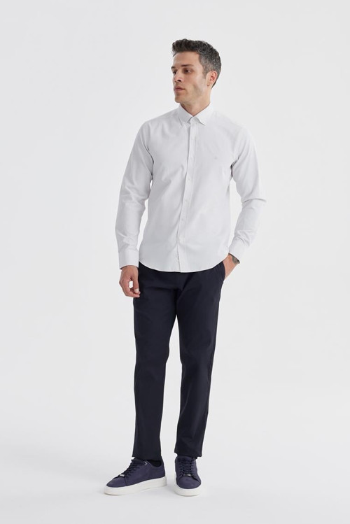 Krem Slim Fit Desenli Pamuklu Düğmeli Yaka Gömlek