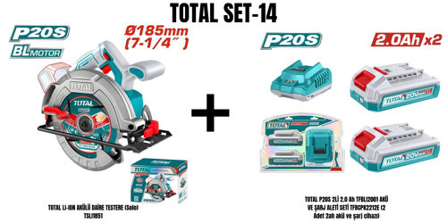 Set-14 (TOTAL LI-ION AKÜLÜ DAİRE TESTERE (Solo) TSLI1851+TOTAL P20S 2Lİ 2.0 Ah TFBLI2001 AKÜ VE ŞARJ ALETİ SETİ TFBCPK2212E)