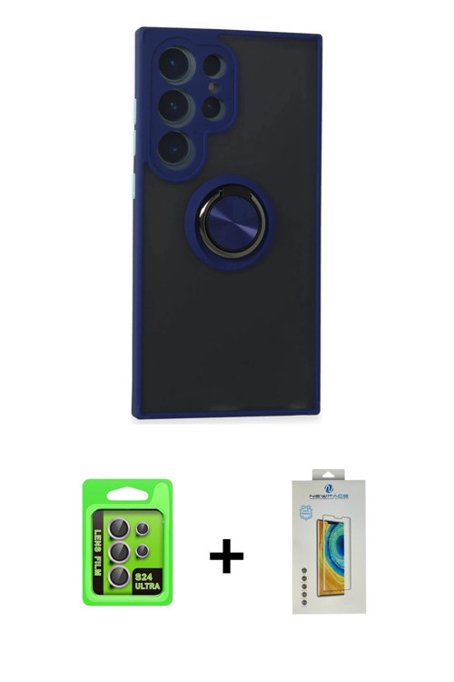 ieg™ Galaxy S24 Ultra Kılıf Yörünge Çizgi - Siyah Polymer Nano Ekran Koruyucu + Mor Raze Metal Kamer