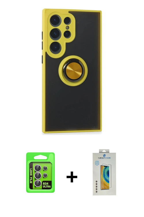 ieg™ Galaxy S24 Ultra Kılıf Yörünge Çizgi - Siyah Polymer Nano Ekran Koruyucu + Mor Raze Metal Kamer
