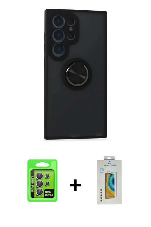ieg™ Galaxy S24 Ultra Kılıf Yörünge Çizgi - Siyah Polymer Nano Ekran Koruyucu + Mor Raze Metal Kamer