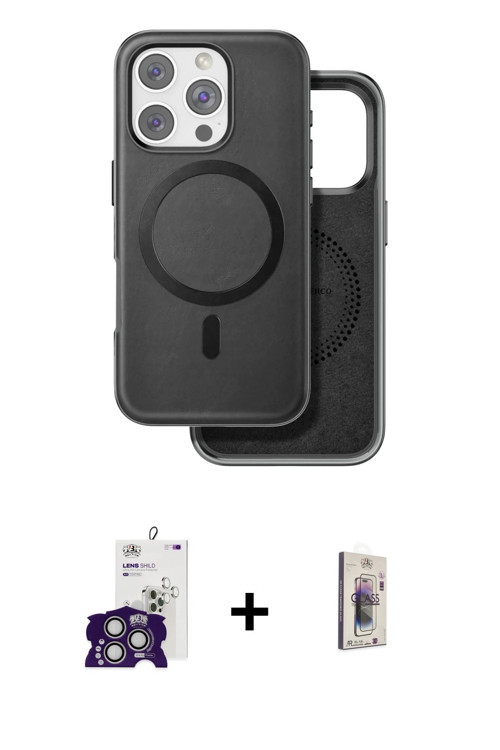 ieg™ iPhone 16 Pro Max Kılıf Pusula Işık Koleksiyonu - Siyah Bilvis 3D Cam Ekran Koruyucu + Gümüş Bi