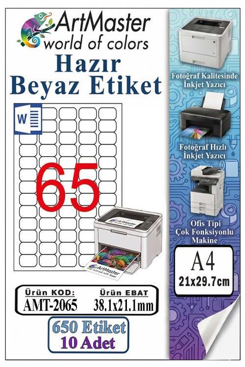 A4 Hazır Beyaz Etiket 38.1x21.2mm 10 Sayfa 1 Paket 65 li Yapışkanlı Fotokopi Lazer İnkjet Kağıdı Yazıcılar İçin Uyumlu