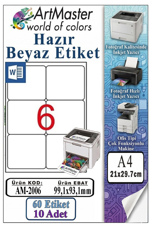 A4 Hazır Beyaz Etiket 99.1x93.1mm 10 Sayfa 6 lı 1 Paket Kendinden Yapışkanlı Fotokopi Lazer İnkjet Kağıdı Yazıcılarla