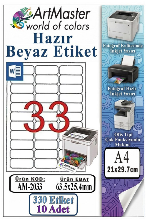 A4 Hazır Beyaz Etiket 63.5x25.4mm 10 Sayfa 1 Paket 33 lü Kendinden Yapışkanlı Fotokopi Lazer İnkjet Kağıdı Yazıcılarla