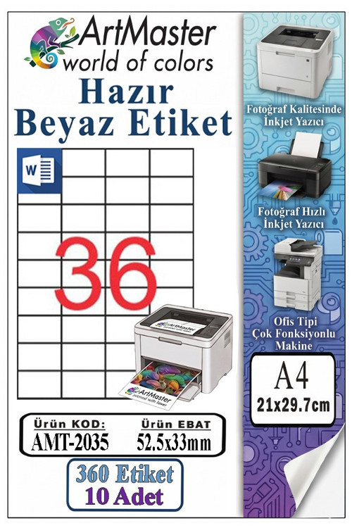 A4 Hazır Beyaz Etiket 52.5x33mm 10 Sayfa 1 Paket 36 lı Kendinden Yapışkanlı Fotokopi Lazer İnkjet Kağıdı Yazıcılar İçin