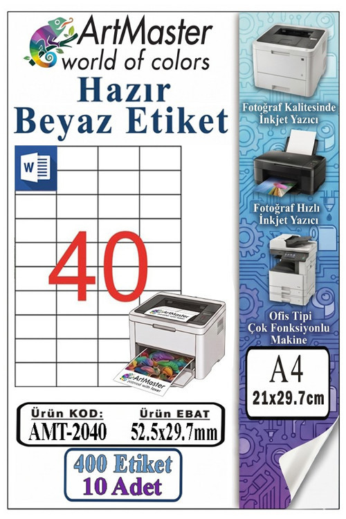 A4 Hazır Beyaz Etiket 52.5x29.7mm 10 Sayfa 1 Paket 40 lı Kendinden Yapışkanlı Fotokopi Lazer İnjekt Kağıdı Yazıcılar