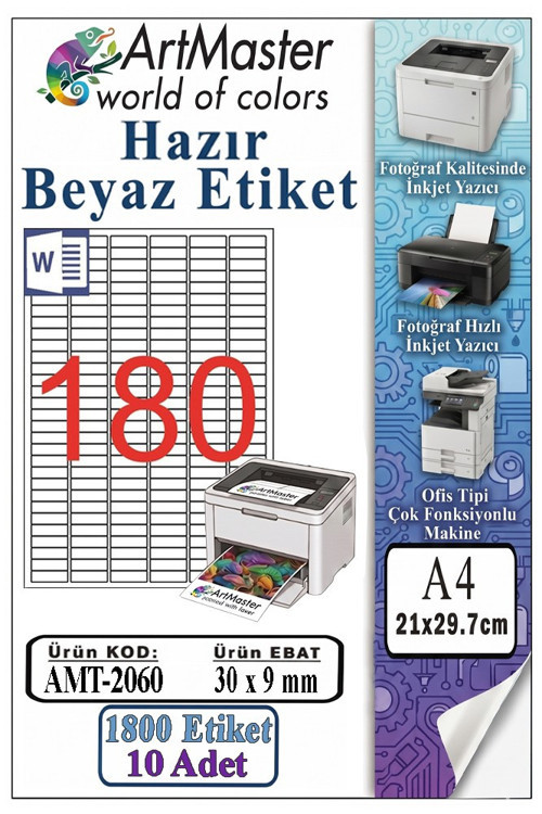 A4 Hazır Beyaz Etiket 30x9mm 10 Sayfa 1 Paket 180 li Yapışkanlı Fotokopi Lazer İnkjet Kağıdı Yazıcılar İçin Uyumlu