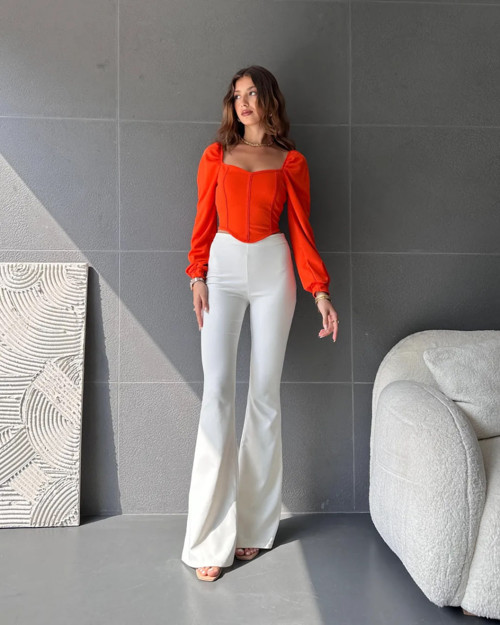 Kadın Kare Yaka Şerit Detaylı Crop Bluz