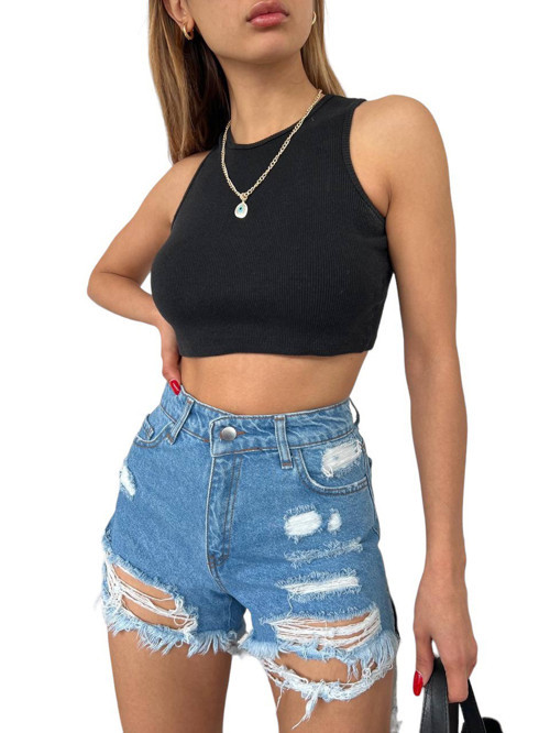Yüksek Bel Lazer Yıkamalı Yırtıklı Cepli Denim Kot Şort Açık Mavi