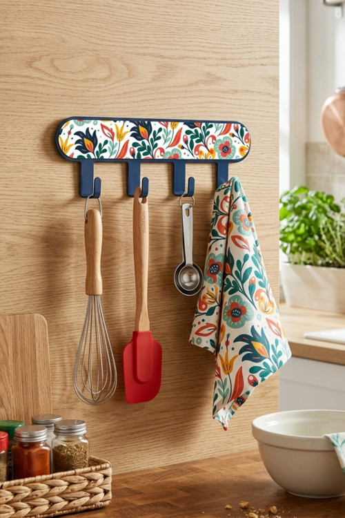 Metal 3 Kancalı Yapışkanlı Desenli Anahtarlık Banyo Mutfak Havlu Askısı Lacivert