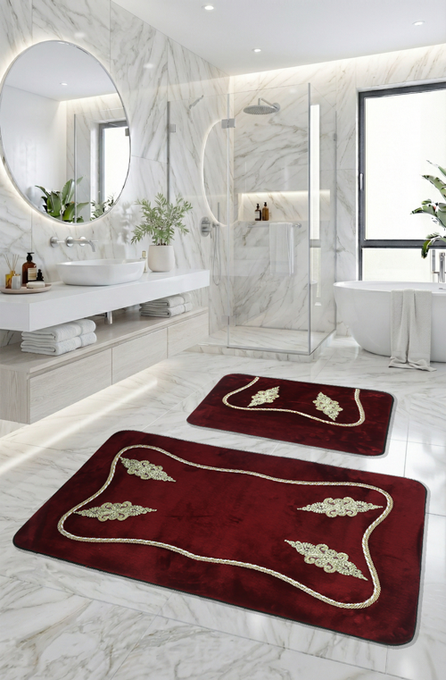 Marmaris Kaymaz Taban, Yumuşacık, Emici 3'lü Süper Lüks Dantel İşlemeli Banyo Paspası