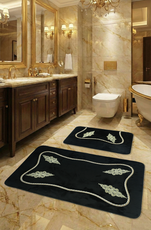 Marmaris Kaymaz Taban, Yumuşacık, Emici 3'lü Süper Lüks Dantel İşlemeli Banyo Paspası
