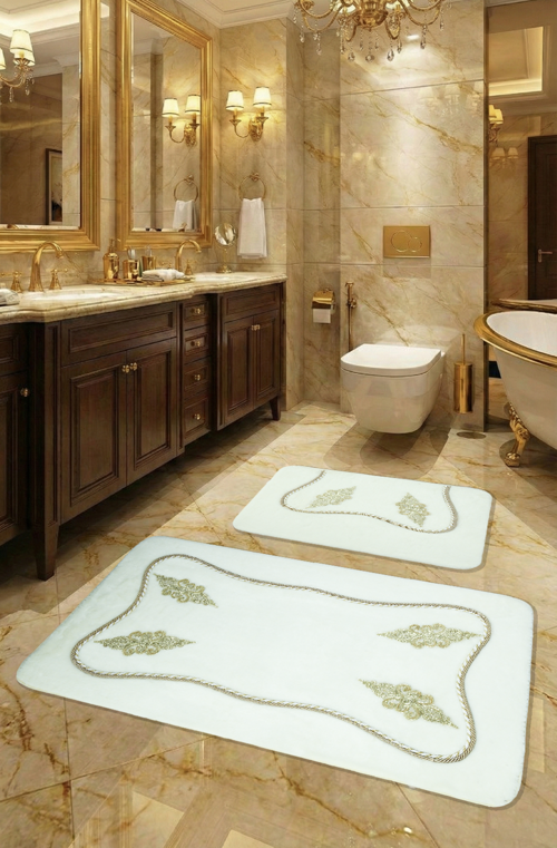 Marmaris Kaymaz Taban, Yumuşacık, Emici 3'lü Süper Lüks Dantel İşlemeli Banyo Paspası