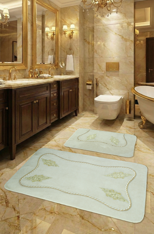 Marmaris Kaymaz Taban, Yumuşacık, Emici 3'lü Süper Lüks Dantel İşlemeli Banyo Paspası