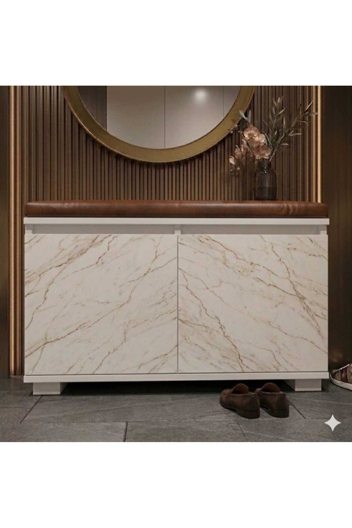 SAN CROCE 80 cm Minderli Oturaklı Ayakkabılık 2 Kapaklı Beyaz Ayakkabı Dolabı Beyaz Deri Puflu Bench
