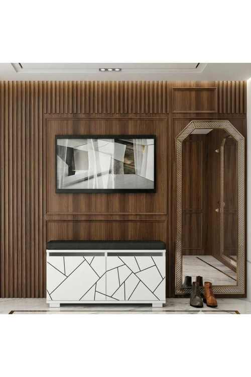 ROMANA 80 cm Minderli Oturaklı Ayakkabılık | 2 Kapaklı Beyaz Ayakkabı Dolabı |siyah Deri Puflu Bench