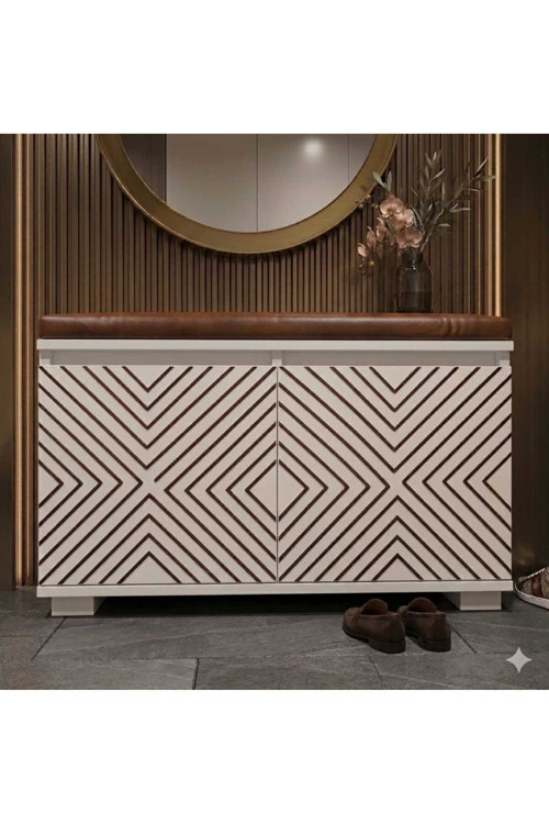 PORTA 80cm Minderli Oturaklı Ayakkabılık 2 Kapaklı Beyaz Ayakkabı Dolabı kahverengi Deri Puflu Bench