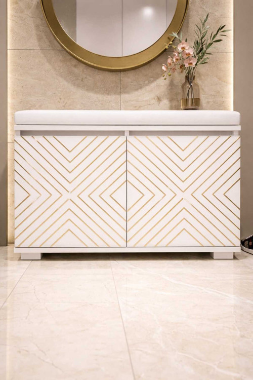 MURANO 80 cm Minderli Oturaklı Ayakkabılık | 2 Kapaklı Beyaz Ayakkabı Dolabı |Beyaz Deri Puflu Bench