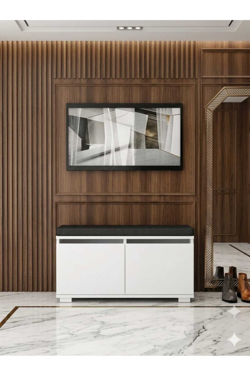 BRANO 80 cm Minderli Oturaklı Ayakkabılık | 2 Kapaklı Beyaz Ayakkabı Dolabı |Siyah Deri Puflu Bench