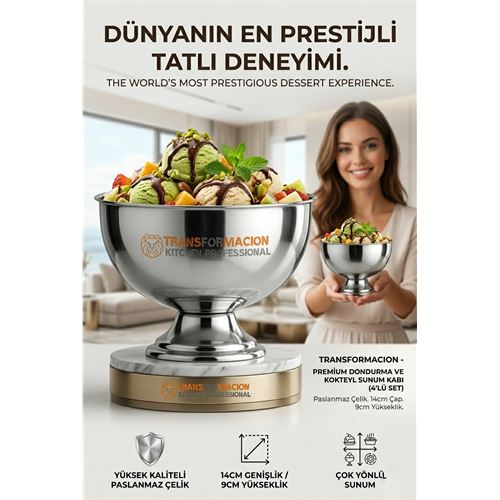 İeg™ 4 Lü Ayaklı Dondurma Tatlı Kokteyl Ve Sunum Kasesi - Paslanmaz Çelik 14 Cm 723027